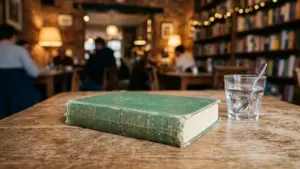 Un vieux livre vert posé sur une table en bois dans un café chaleureux.