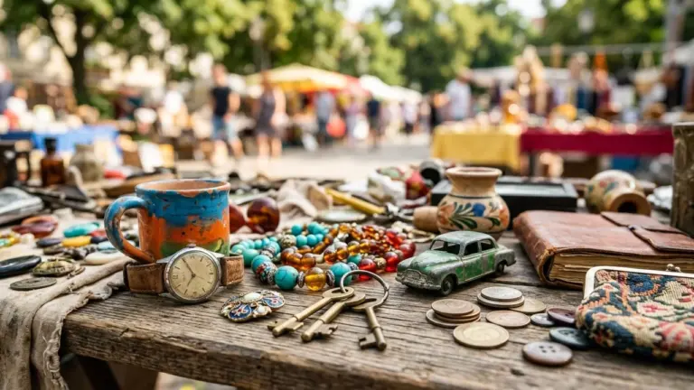 Objets anciens incluant une tasse, une montre, des colliers et des clés sur table.