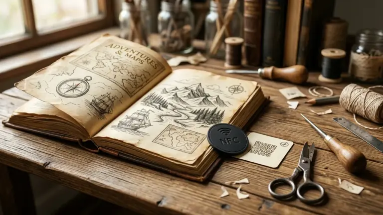 Un vieux livre de cartes ouvert sur une table en bois avec une puce NFC.