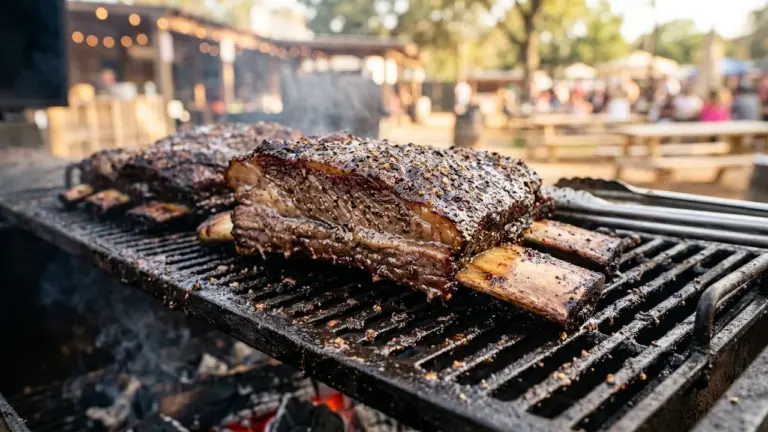 Des côtes de bœuf fumantes et assaisonnées cuisent sur une grille de barbecue en extérieur.