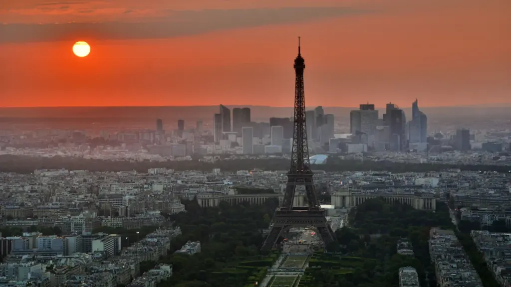 Vue aérienne panoramique de Paris sous un coucher de soleil orange intense.