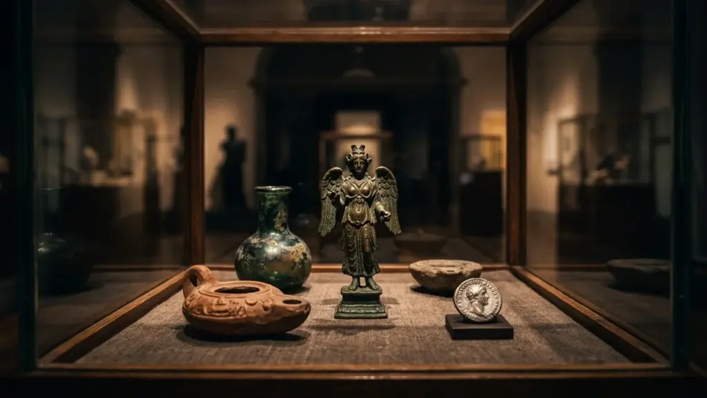 Une figurine ailée ancienne, une lampe en terre cuite et une pièce de monnaie exposées.