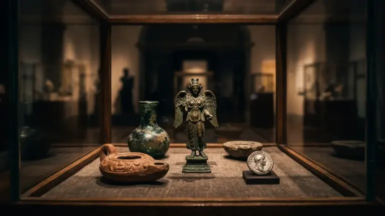 Une figurine ailée ancienne, une lampe en terre cuite et une pièce de monnaie exposées.