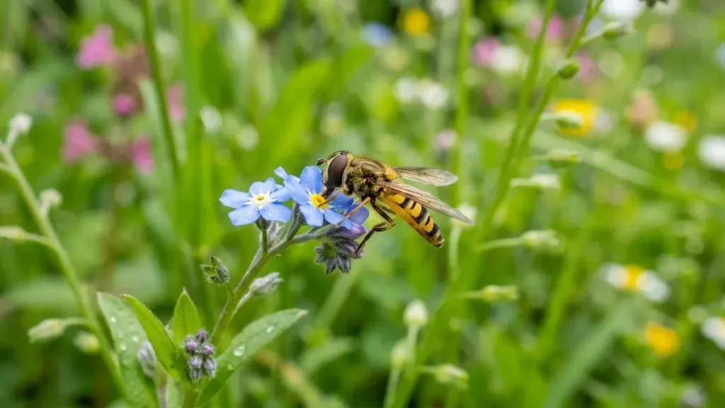 Un syrphe rayé butine une petite fleur bleue dans un jardin printanier verdoyant.