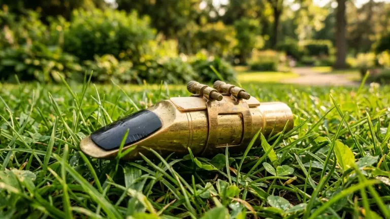 Un bec de saxophone en laiton posé sur l'herbe verte d'un jardin ensoleillé.