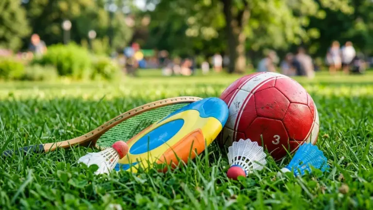 Une raquette de badminton, des volants et un ballon rouge posés sur une pelouse verte.