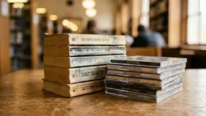 Une pile de vieux livres et des boîtiers de CD sur une table de bibliothèque.