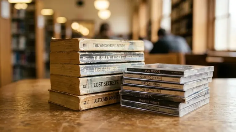 Une pile de vieux livres et des boîtiers de CD sur une table de bibliothèque.
