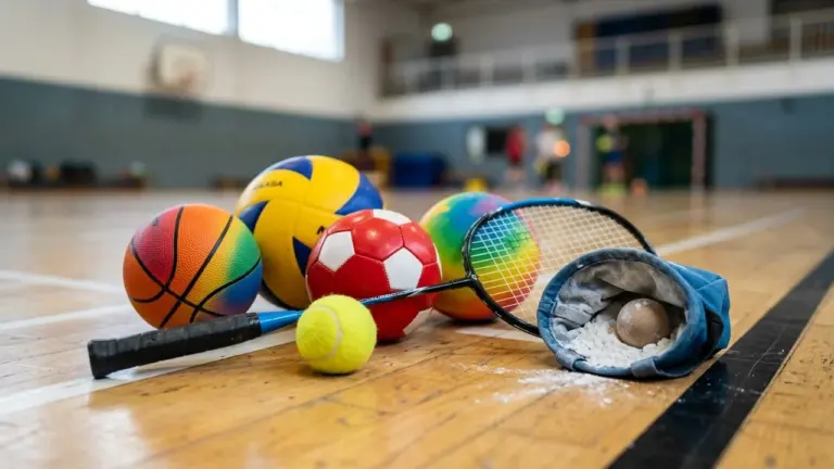 Divers ballons et accessoires de sport posés sur le parquet d'un gymnase scolaire flou.