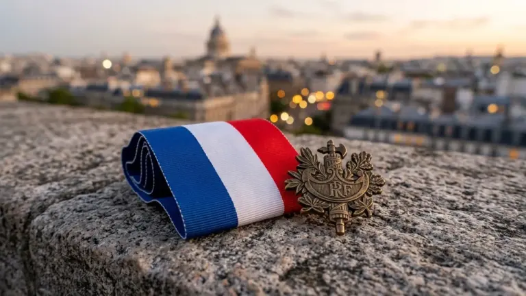 Un ruban tricolore français et un emblème national en bronze posés sur un muret.