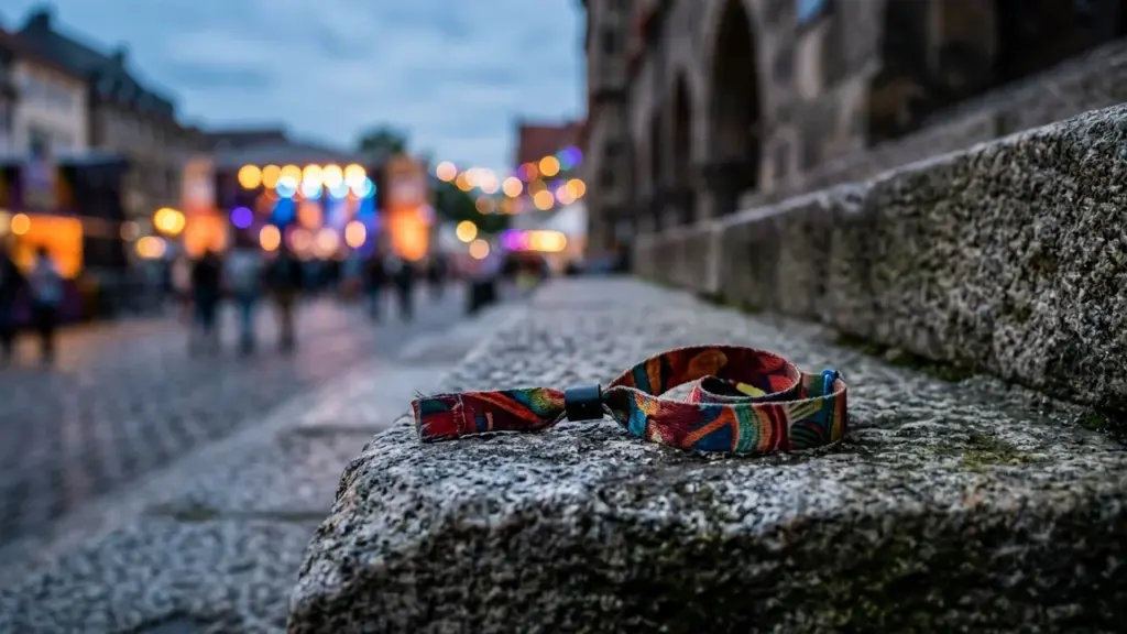 Un bracelet de festival coloré posé sur une marche en pierre devant une foule floue.