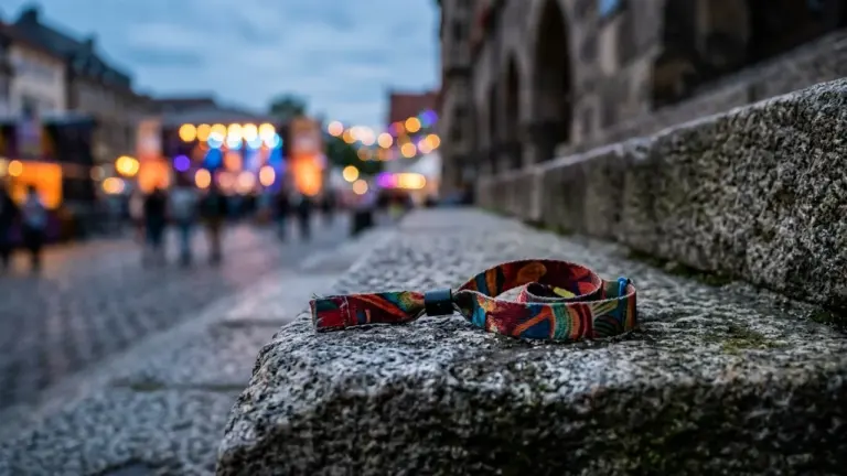 Un bracelet de festival coloré posé sur une marche en pierre devant une foule floue.