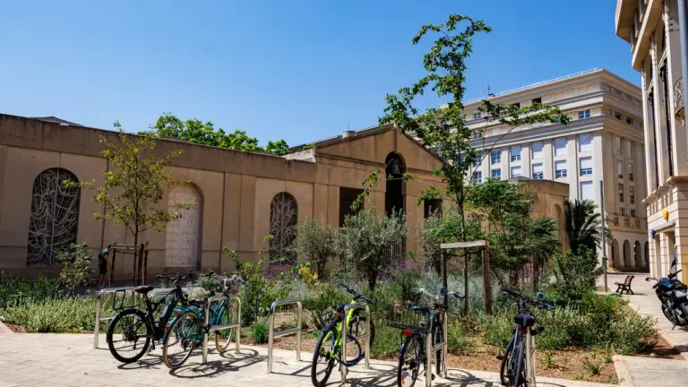 Plusieurs vélos garés sur des supports métalliques devant un bâtiment historique avec jardin urbain.
