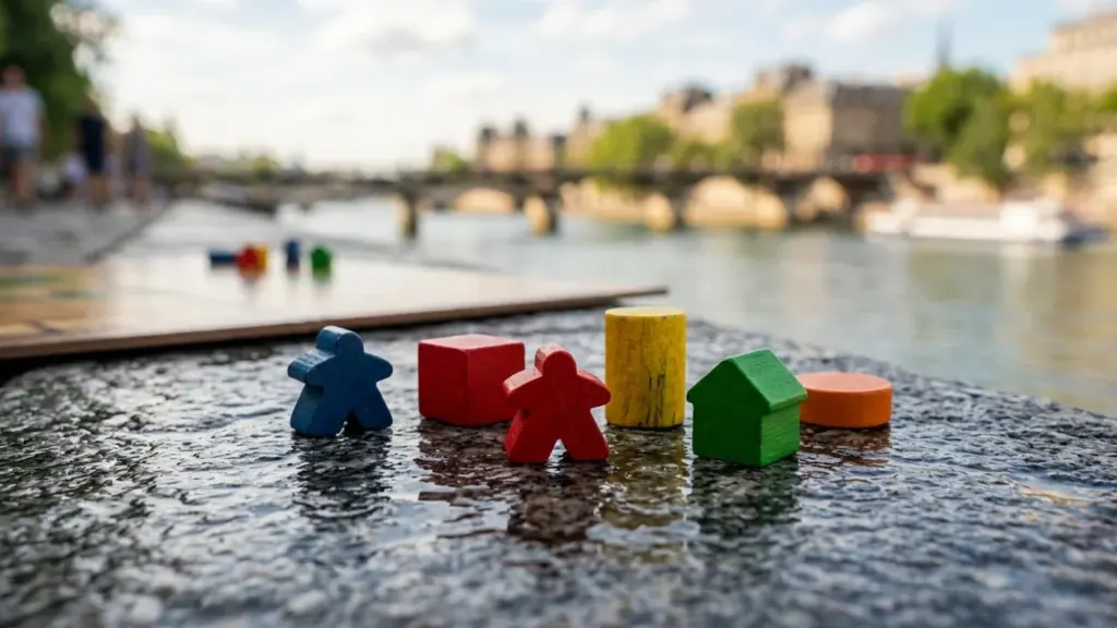 Des pièces de jeu colorées en bois posées sur un rebord en pierre humide.