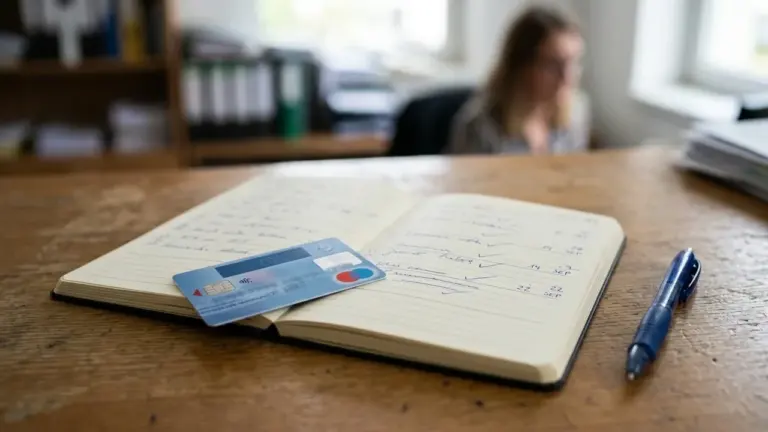 Une carte de paiement bleue posée sur un carnet ouvert sur un bureau en bois.