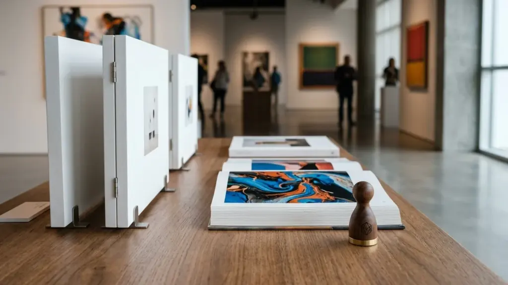 Livres d'art ouverts sur une table en bois dans une galerie d'art contemporain.