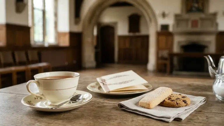 Une tasse de thé, une enveloppe et des biscuits posés sur une table en bois.
