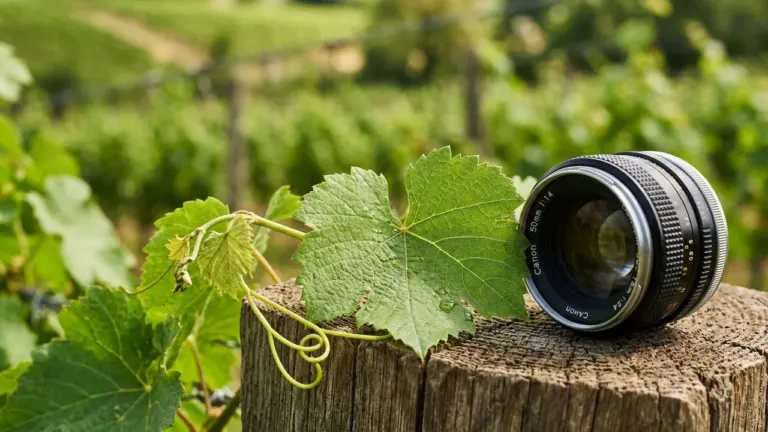 Un objectif d'appareil photo Canon posé sur un poteau en bois dans un vignoble.