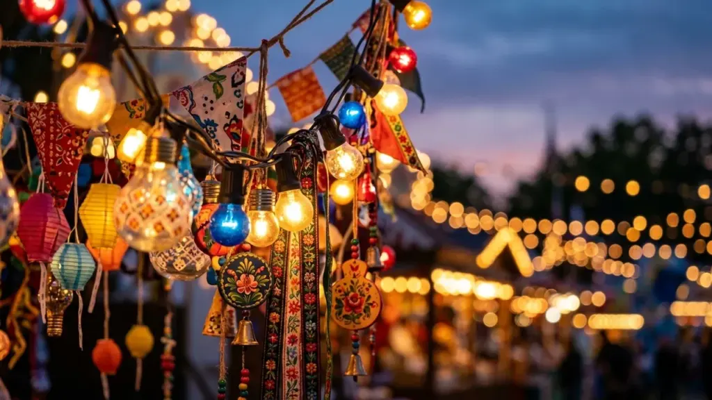 Guirlandes lumineuses colorées et décorations suspendues dans une ambiance festive en soirée.