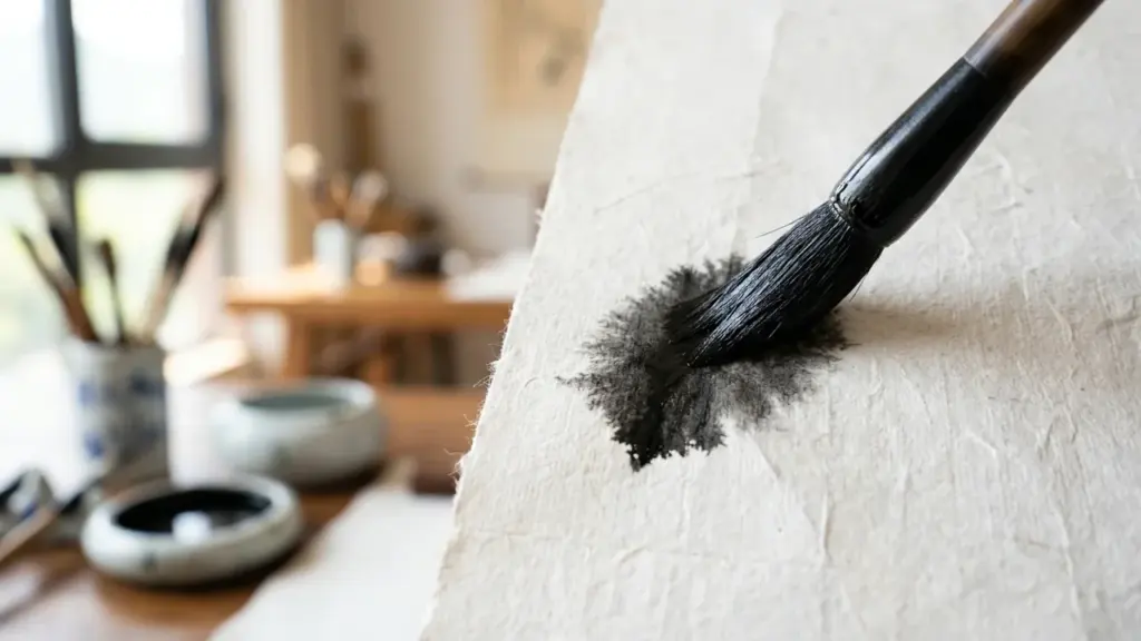 Un pinceau de calligraphie chinoise noire déposant de l'encre sur une feuille de papier texturé.