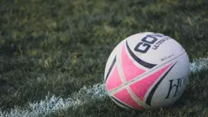 Ballon de rugby posé sur l'herbe au bord d'une ligne de touche blanche.
