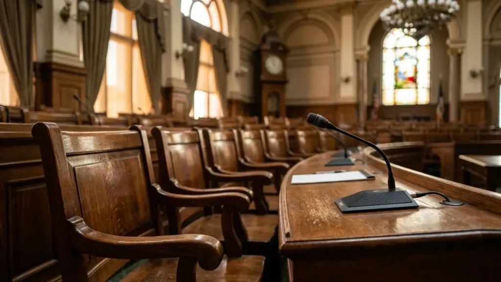 Une salle d'audience en bois avec des chaises vides, des micros et une horloge ancienne.