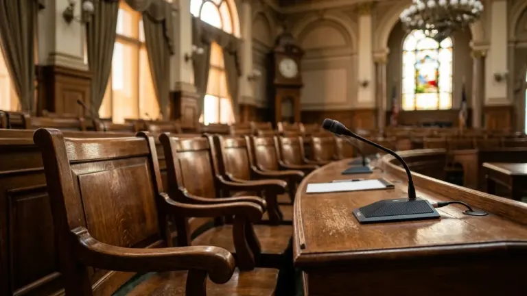 Une salle d'audience en bois avec des chaises vides, des micros et une horloge ancienne.