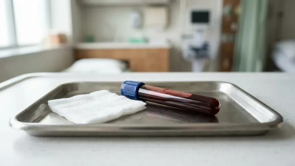 Un tube de prélèvement sanguin avec un bouchon bleu posé sur un plateau médical métallique.