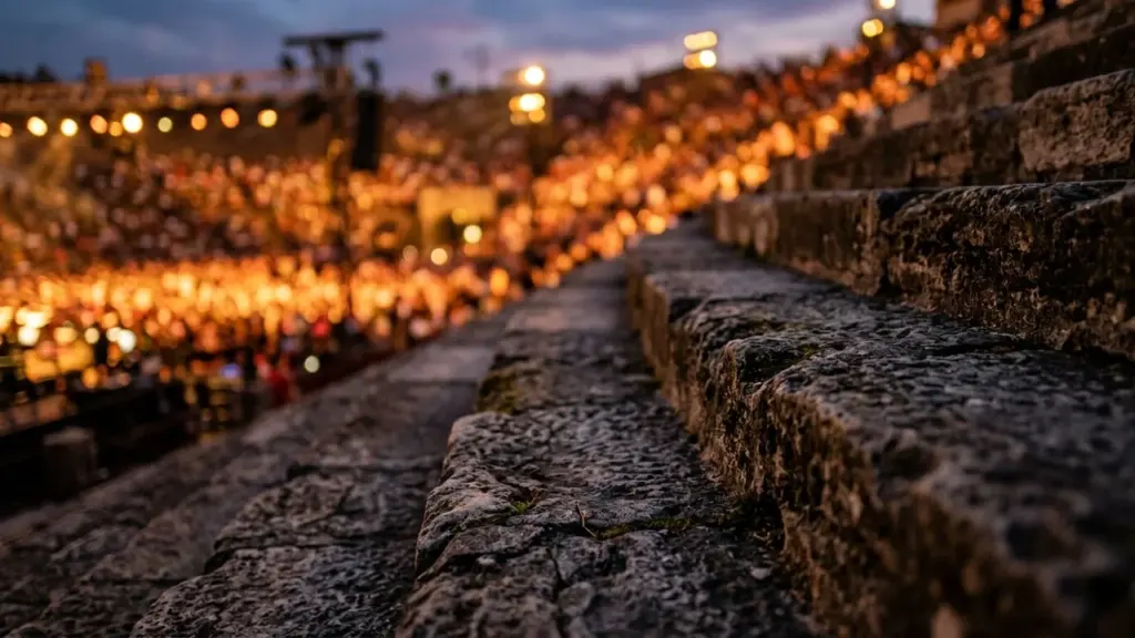 Gros plan sur des gradins en pierre ancienne dans un amphithéâtre rempli de spectateurs.