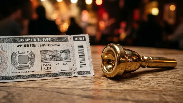 Un billet d'événement et une embouchure de trompette dorée posés sur une table en bois.