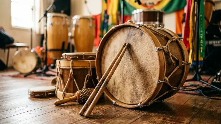 Plusieurs tambours en bois et baguettes posés sur le sol d'un studio de musique.