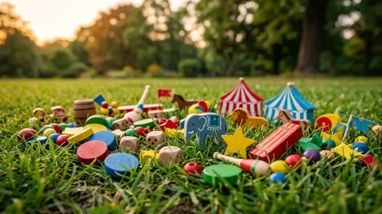 De nombreux jouets en bois colorés dispersés dans l'herbe d'un parc ensoleillé.