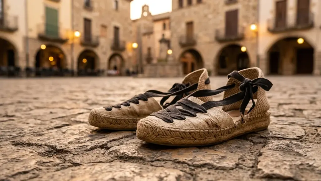 Une paire d'espadrilles traditionnelles en toile posée sur le sol pavé d'une place historique.