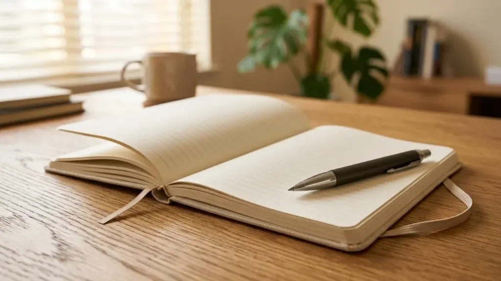 Un carnet ouvert avec un stylo posé sur une table en bois ensoleillée.