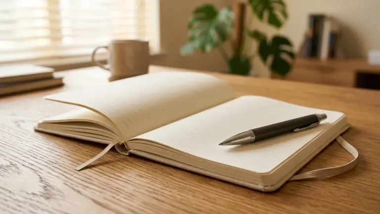 Un carnet ouvert avec un stylo posé sur une table en bois ensoleillée.