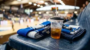 Une écharpe bleue et une boisson glacée posées sur un siège de stade flou.