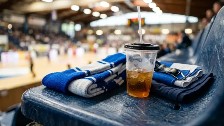 Une écharpe bleue et une boisson glacée posées sur un siège de stade flou.