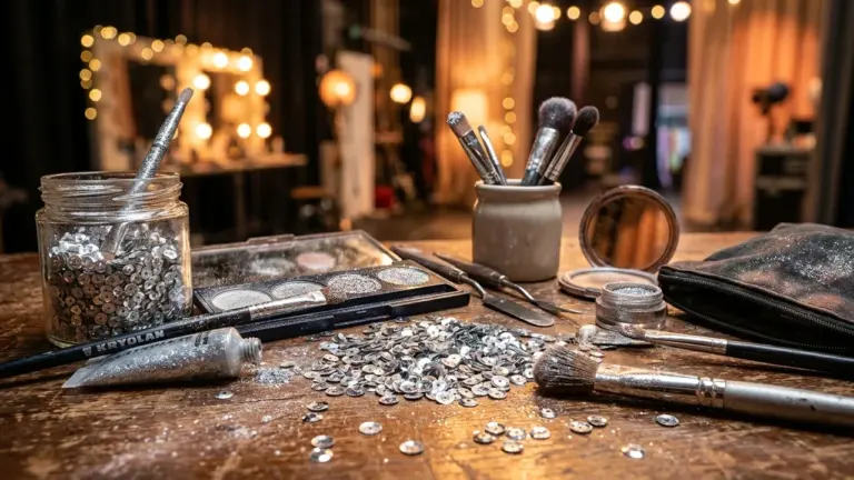 Accessoires de maquillage professionnel, pinceaux et paillettes argentées disposés sur une table en bois.