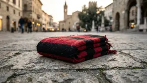 Une couverture pliée à rayures rouges et noires posée sur les pavés d'une place.
