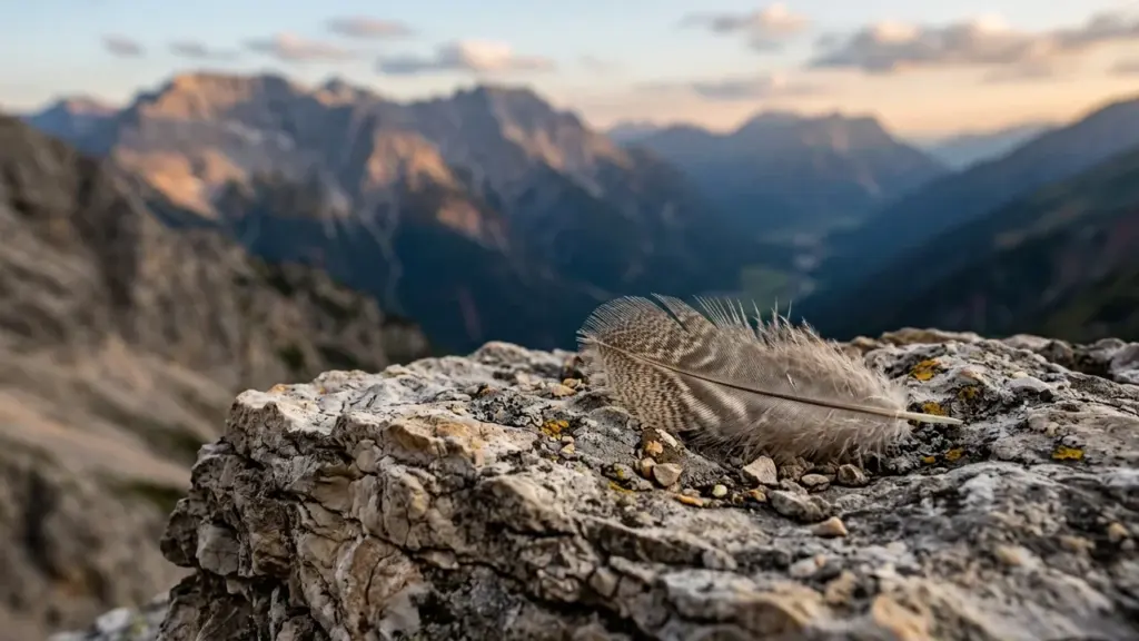 Une plume tachetée repose sur un rocher escarpé avec des montagnes en arrière-plan.
