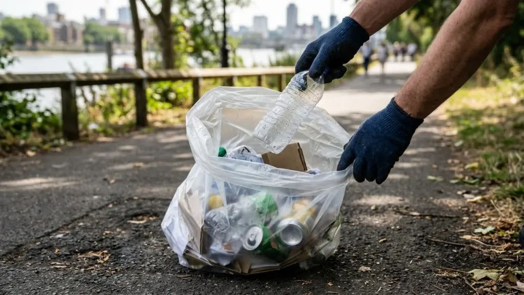 Une personne portant des gants bleus ramasse une bouteille en plastique pour la mettre dans un sac.