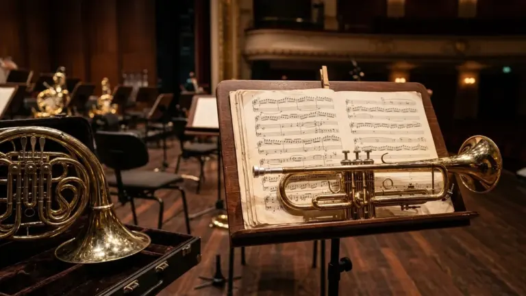 Une trompette repose sur un pupitre contenant une partition musicale dans un orchestre symphonique.