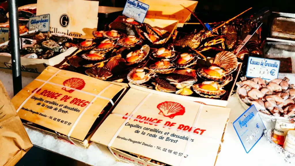 Étals de coquilles Saint-Jacques fraîches sur un marché local à Brest.