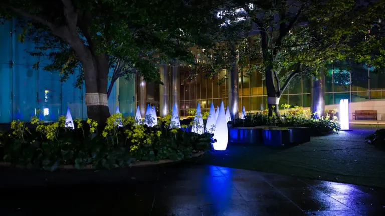 Installation artistique lumineuse et féerique au cœur d'un parc paysager en soirée.