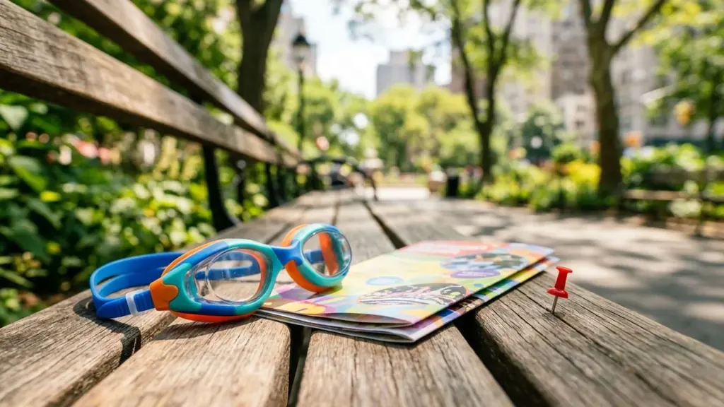 Des lunettes de natation colorées et une brochure sur un banc en bois extérieur.