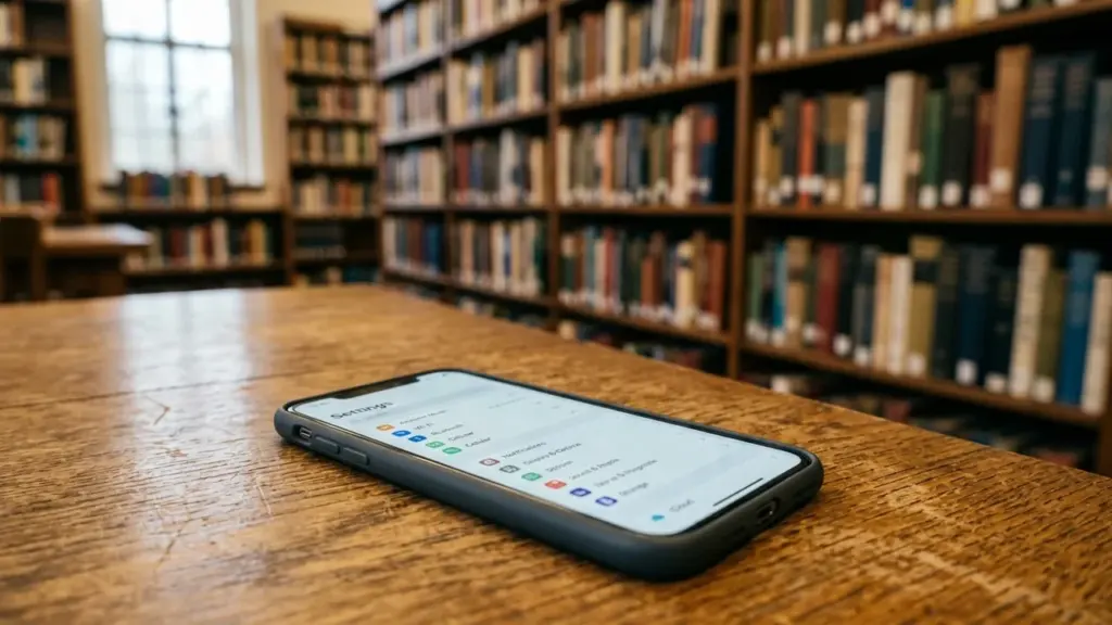 Un smartphone posé sur une table en bois devant des étagères remplies de livres.