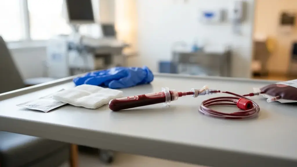 Un tube de prélèvement sanguin relié à une poche sur une table médicale d'hôpital.