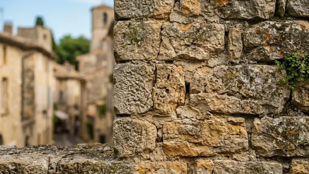 Gros plan sur un mur en pierre ancienne avec une ruelle floue en arrière-plan.