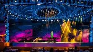 Un artiste sur scène devant un public dans une salle de spectacle illuminée.