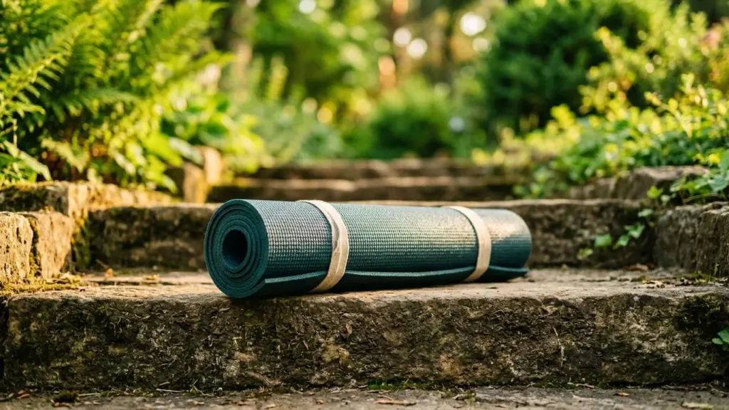Un tapis de yoga vert enroulé est posé sur un escalier en pierre ancien.